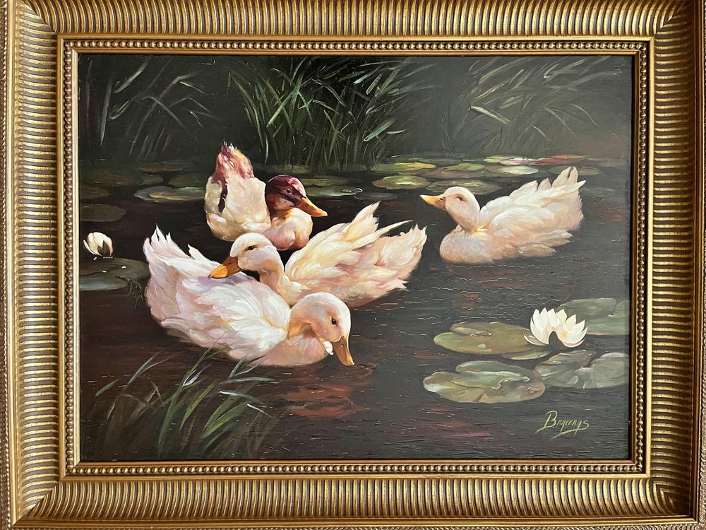 Braceras, Spanish School Scene with Ducks, 20th Century, Oil on Canvas, Framed