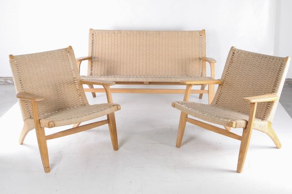 Braided Rope and Wood Sofa and Lounge Chairs, Set of 3-DSC-1780135