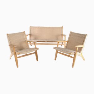 Braided Rope and Wood Sofa and Lounge Chairs, Set of 3-DSC-1780135