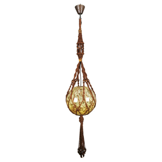 Braided Sisal and Glass Pendant Light Fixture, 1970s