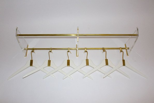 Brass Acrylic Glass Beechwood Gold White Coat Rack with 6 Cloth Hangers, 1950s-NB-852952