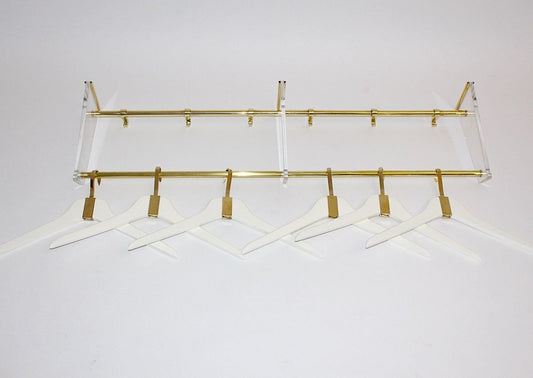 Brass Acrylic Glass Beechwood Gold White Coat Rack with 6 Cloth Hangers, 1950s