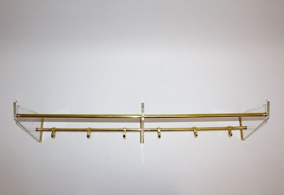 Brass Acrylic Glass Beechwood Gold White Coat Rack with 6 Cloth Hangers, 1950s-NB-852952