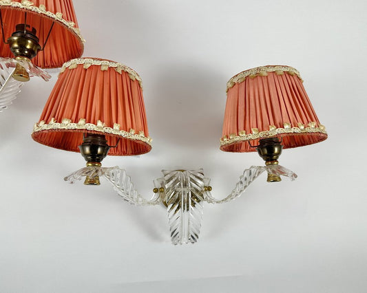 Brass & Acrylic Glass Double Arm Sconces with Shades, France, 1970, Set of 2