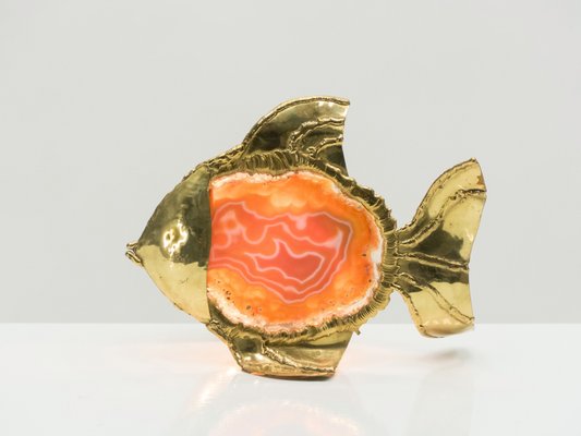 Brass and Agate Stone Fish Table Lamp by Jacques Duval-Brasseur, 1970s-YJA-985432