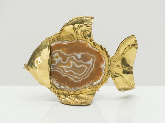 Brass and Agate Stone Fish Table Lamp by Jacques Duval-Brasseur, 1970s-YJA-985432