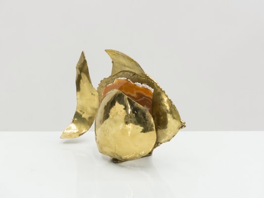 Brass and Agate Stone Fish Table Lamp by Jacques Duval-Brasseur, 1970s-YJA-985432