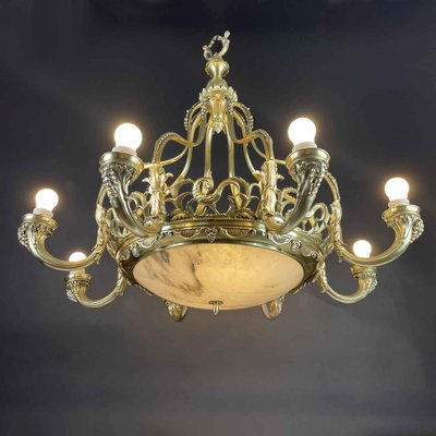 Brass and Alabaster Chandelier, 1940s-TBU-2038046