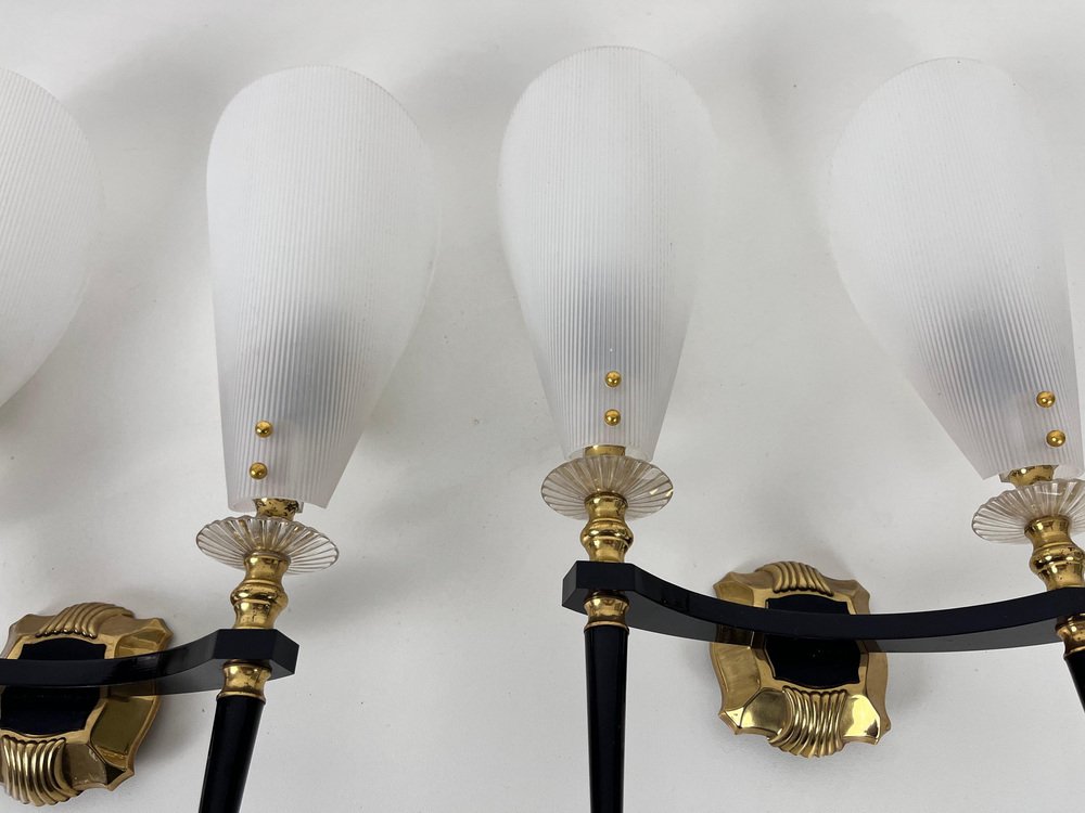 Brass and Arcrylic Glass Wall Lamps attributed to Maison Arlus, France, 1960s, Set of 2