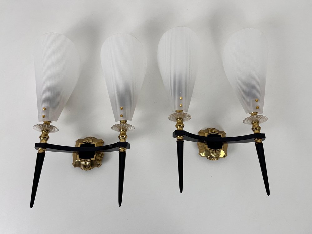 Brass and Arcrylic Glass Wall Lamps attributed to Maison Arlus, France, 1960s, Set of 2