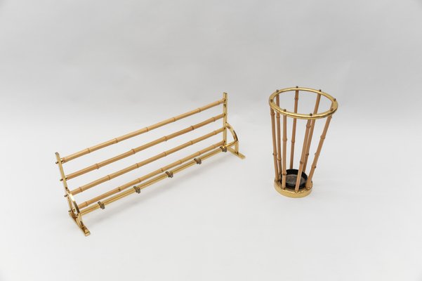 Brass and Bamboo Coat Rack and Umbrella Stand, Italy, 1950s, Set of 2-KQB-1765845