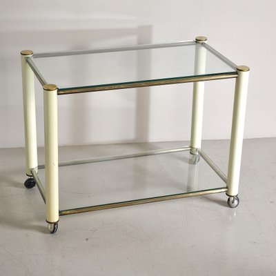 Brass and Beige Lacquered Metal Drinks Trolley with 2 Glass Shelves in the Style of Tommaso Barbi, 1970s-JQO-956535