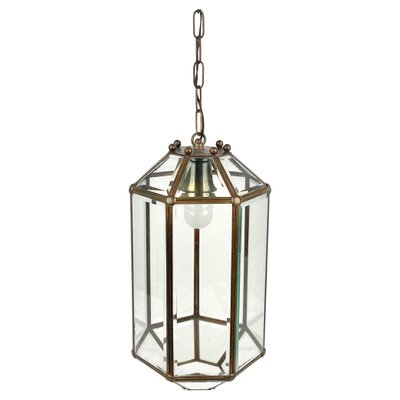 Brass and Beveled Glass Pendant Lantern in the Style of Adolf Loos, Italy, 1950s-LYQ-1375349