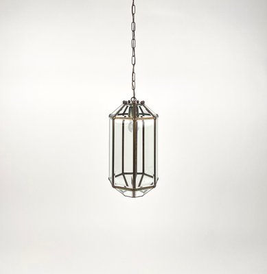 Brass and Beveled Glass Pendant Lantern in the Style of Adolf Loos, Italy, 1950s-LYQ-1375349