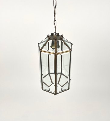 Brass and Beveled Glass Pendant Lantern in the Style of Adolf Loos, Italy, 1950s-LYQ-1375349