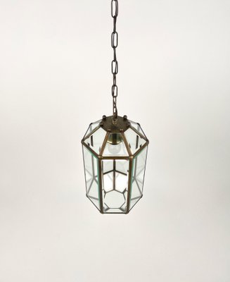 Brass and Beveled Glass Pendant Lantern in the Style of Adolf Loos, Italy, 1950s-LYQ-1375349