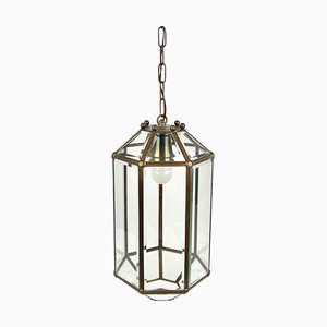 Brass and Beveled Glass Pendant Lantern in the Style of Adolf Loos, Italy, 1950s-LYQ-1375349