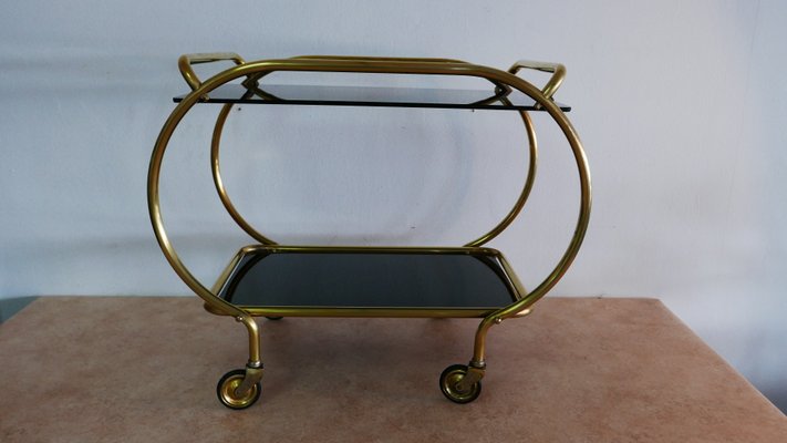 Brass and Black Glass Serving Trolley from Grünstadt, 1950s-KK-704806