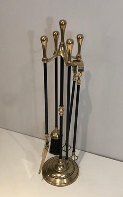 Brass and Black Lacquered Fireplace Tools on Stand, France, 1970s-BA-873987