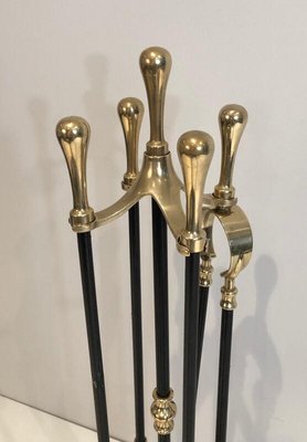 Brass and Black Lacquered Fireplace Tools on Stand, France, 1970s-BA-873987