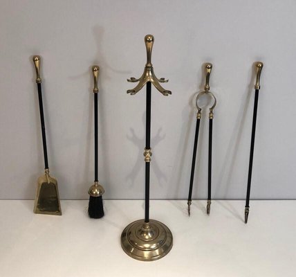 Brass and Black Lacquered Fireplace Tools on Stand, France, 1970s-BA-873987