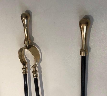 Brass and Black Lacquered Fireplace Tools on Stand, France, 1970s-BA-873987