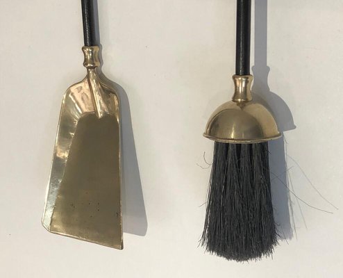 Brass and Black Lacquered Fireplace Tools on Stand, France, 1970s-BA-873987