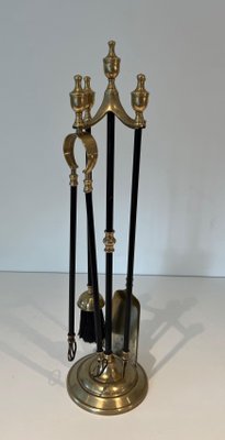 Brass and Black Lacquered Metal Fire Tools with Stand, 1970s, Set of 5-BA-1784743