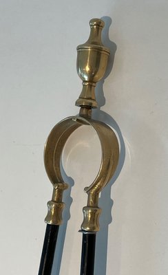 Brass and Black Lacquered Metal Fire Tools with Stand, 1970s, Set of 5-BA-1784743