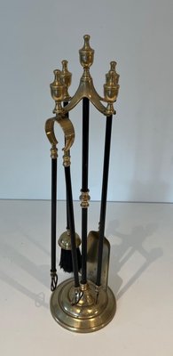 Brass and Black Lacquered Metal Fire Tools with Stand, 1970s, Set of 5-BA-1784743