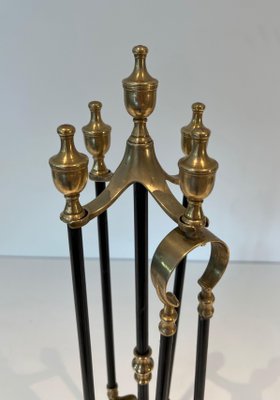 Brass and Black Lacquered Metal Fire Tools with Stand, 1970s, Set of 5-BA-1784743