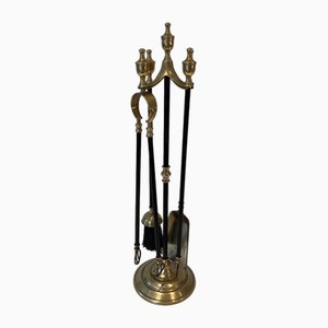 Brass and Black Lacquered Metal Fire Tools with Stand, 1970s, Set of 5-BA-1784743