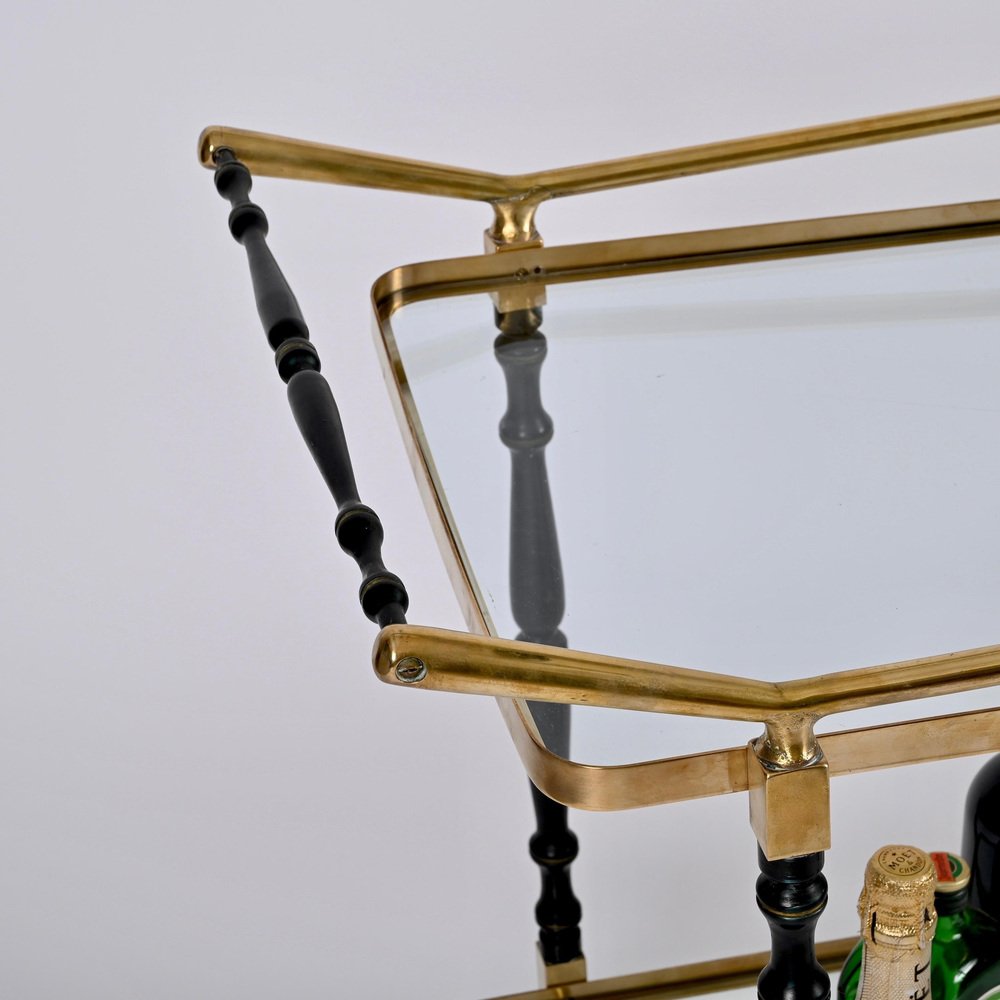 Brass and Black Lacquered Wood Bar Cart attributed to Cesare Lacca, Italy, 1950s