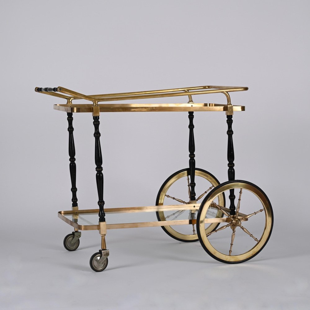 Brass and Black Lacquered Wood Bar Cart attributed to Cesare Lacca, Italy, 1950s