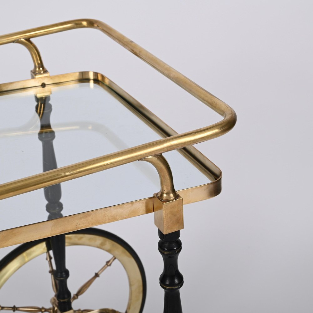 Brass and Black Lacquered Wood Bar Cart attributed to Cesare Lacca, Italy, 1950s