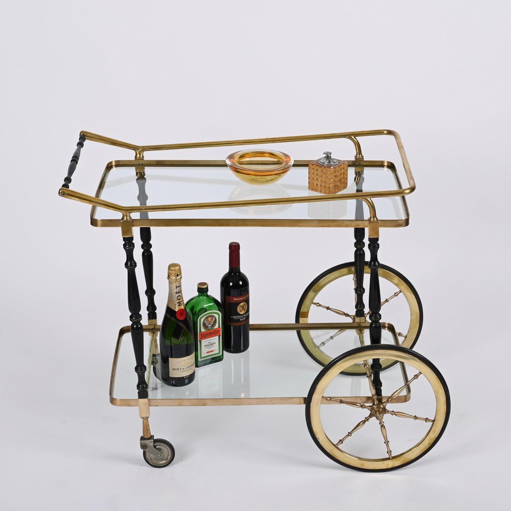 Brass and Black Lacquered Wood Bar Cart attributed to Cesare Lacca, Italy, 1950s