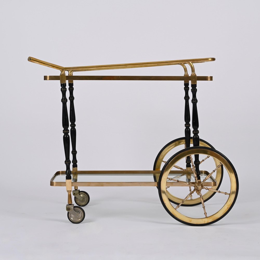 Brass and Black Lacquered Wood Bar Cart attributed to Cesare Lacca, Italy, 1950s