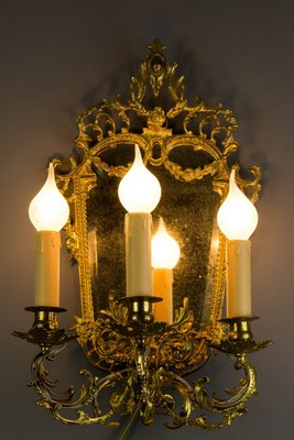 Brass and Bronze 3-Arm Mirrored Girandole Sconce, 1920s-KEG-709411