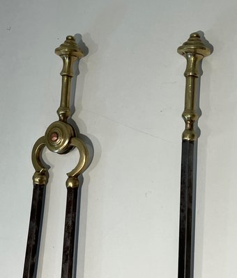 Brass and Brushed Steel Fireplace Tools with Stand attributed to the Maison Jansen, 1940s, Set of 5-BA-1784746