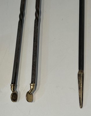 Brass and Brushed Steel Fireplace Tools with Stand attributed to the Maison Jansen, 1940s, Set of 5-BA-1784746