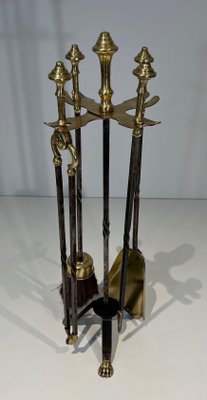 Brass and Brushed Steel Fireplace Tools with Stand attributed to the Maison Jansen, 1940s, Set of 5-BA-1784746