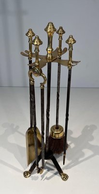 Brass and Brushed Steel Fireplace Tools with Stand attributed to the Maison Jansen, 1940s, Set of 5-BA-1784746