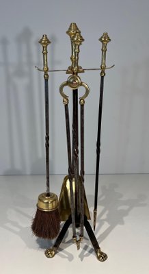 Brass and Brushed Steel Fireplace Tools with Stand attributed to the Maison Jansen, 1940s, Set of 5-BA-1784746