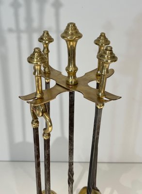 Brass and Brushed Steel Fireplace Tools with Stand attributed to the Maison Jansen, 1940s, Set of 5-BA-1784746