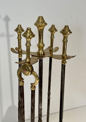 Brass and Brushed Steel Fireplace Tools with Stand attributed to the Maison Jansen, 1940s, Set of 5-BA-1784746