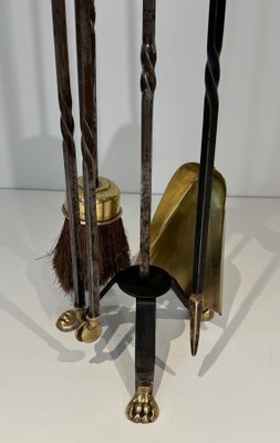 Brass and Brushed Steel Fireplace Tools with Stand attributed to the Maison Jansen, 1940s, Set of 5-BA-1784746