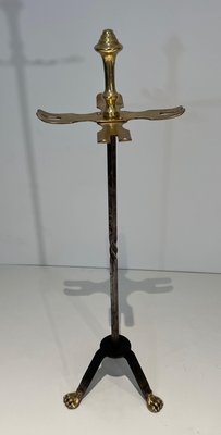 Brass and Brushed Steel Fireplace Tools with Stand attributed to the Maison Jansen, 1940s, Set of 5-BA-1784746