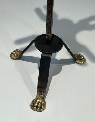 Brass and Brushed Steel Fireplace Tools with Stand attributed to the Maison Jansen, 1940s, Set of 5-BA-1784746