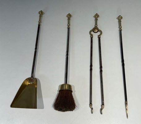 Brass and Brushed Steel Fireplace Tools with Stand attributed to the Maison Jansen, 1940s, Set of 5-BA-1784746