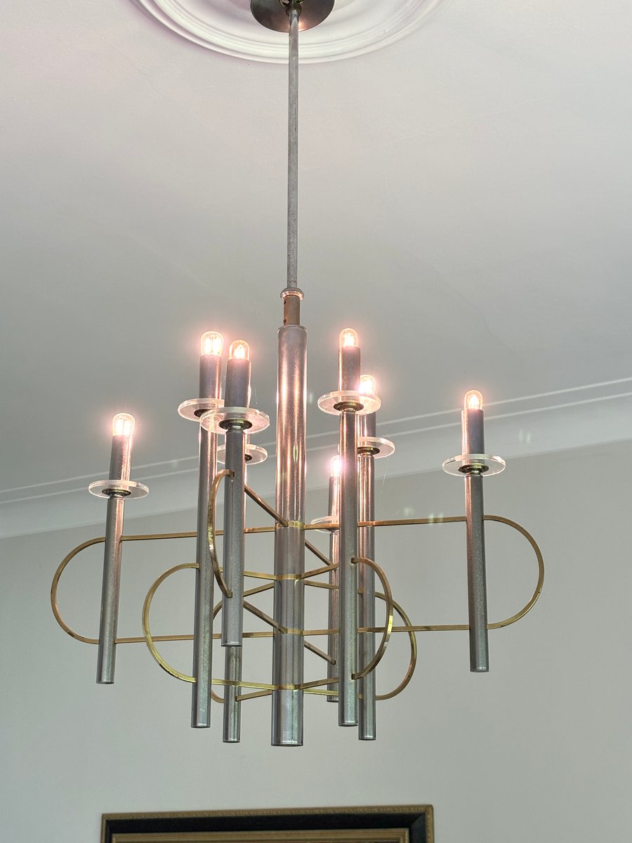 Brass and Chrome Sputnik Chandelier attributed to Gaetano Sciolari, Italy, 1960s